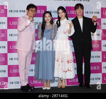 9 June 2023 – Seoul, South Korea: (L to R) South Korean actors Ahn Jung-hoon, Song Min-kyung, Hong Soo-ah and Sungmo (original name: Yoon Sung-mo), photocall for the film ‘The Butterfly Effect’ press conference in Seoul, South Korea on June 9, 2023. The film will open on June 22. (Photo by Lee Young-ho/Sipa USA) Stock Photo