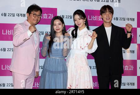 9 June 2023 – Seoul, South Korea: (L to R) South Korean actors Ahn Jung-hoon, Song Min-kyung, Hong Soo-ah and Sungmo (original name: Yoon Sung-mo), photocall for the film ‘The Butterfly Effect’ press conference in Seoul, South Korea on June 9, 2023. The film will open on June 22. (Photo by Lee Young-ho/Sipa USA) Stock Photo