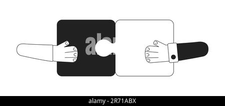 Hands putting puzzle together monochrome concept vector spot illustration Stock Vector