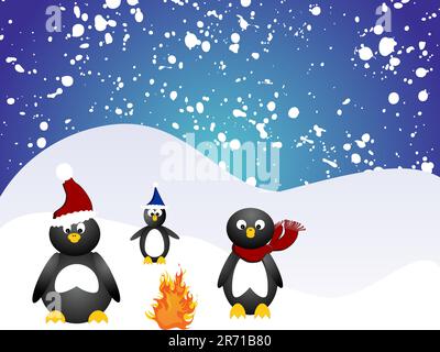 vector eps10illustration of penguins around a fire on ice Stock Vector