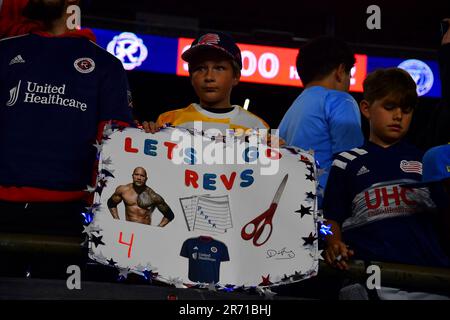 FOXBOROUGH, MA - JUNE 10: A general view of New England Patriots Super Bowl  banners during a match between the New England Revolution and Inter Miami  CF on June 10, 2023, at