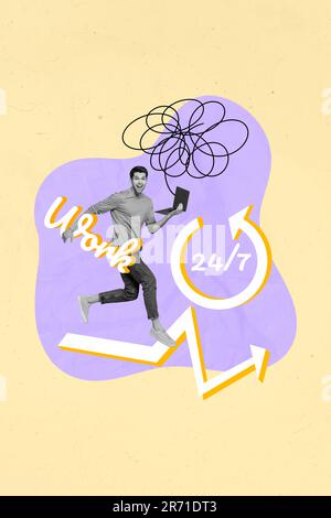 Collage picture of young man running with netbook all night day workaholic technical support customer helpline isolated on beige background Stock Photo