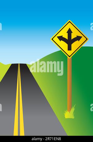 Sign depicting a three-way fork in the road with optional road, hills and sky background. Stock Vector