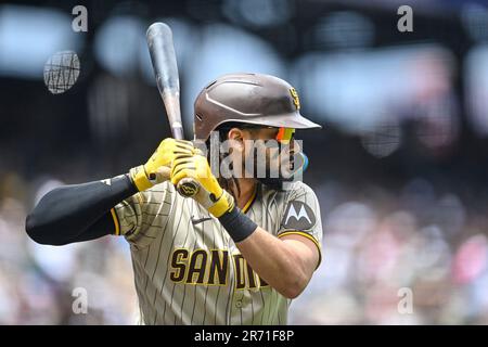 San Diego Padres right fielder Fernando Tatis Jr (23) gets hit by a pitch  during an MLB regular season game against the Colorado Rockies, Wednesday,  A Stock Photo - Alamy