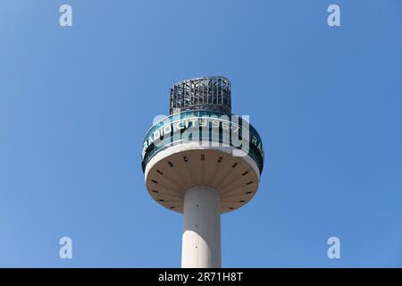 St John's Beacon, Liverpool (Radio City 96.7) 360-degree viewing platform / gallery, isolated against a blue sky. Stock Photo