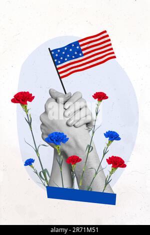 Vertical placard photo of two hands support drawing magazine american flag veterans day red blue carnations isolated on grey background Stock Photo