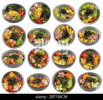 Collage of assorted hawaiian poke bowl dishes Stock Photo