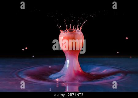 Close up macro photography of purple red and pink water drops frozen in high speed photography Stock Photo