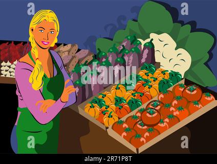 Vector illustration of a young women worker in a grocery store Stock Vector
