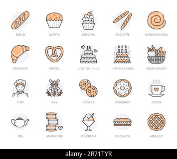 Bakery, confectionery poster template. Vector food line icons, illustration of sweets, pretzel, croissant, muffin, pastry, cupcake. Bread house Stock Vector