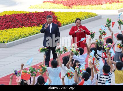 Beijing, China. 12th June, 2023. Chinese President Xi Jinping holds a welcoming ceremony for President of the Republic of Honduras Iris Xiomara Castro Sarmiento at the square outside the east entrance of the Great Hall of the People prior to their talks in Beijing, capital of China, June 12, 2023. Xi held talks with Castro, who is on a state visit to China, in Beijing on Monday. Credit: Wang Ye/Xinhua/Alamy Live News Stock Photo