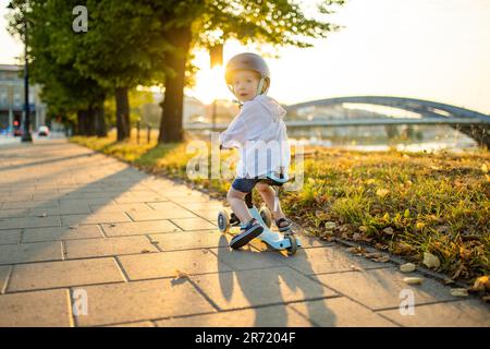 Funny toddler boy riding a baby scooter outdoors on summer day. Kid training balance on mini bike. Summer activities for small kids. Stock Photo