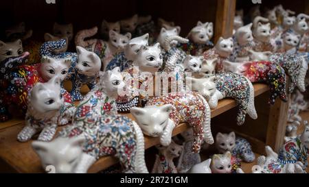 Plenty of porcelain cat figurines lined up on shelves in a gift shop ...