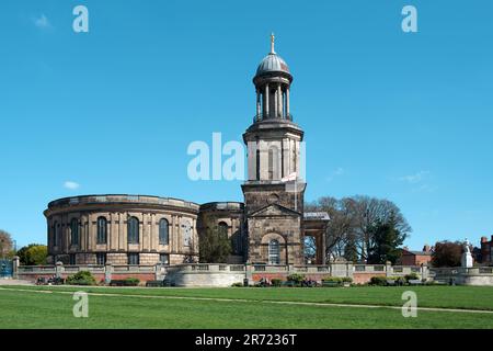 St Chad's is a parish church in Shrewsbury with a distinctive round shape and high tower. It was built in 1792. Stock Photo