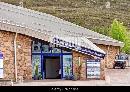 Aviemore Scotland early summer Cairngorm Mountain  Base Station and the entrance to the Mountain Railway Stock Photo