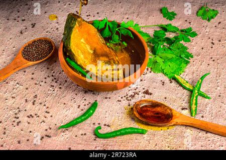 Traditional Bengali cuisine Sorshe Ilish Bhapa with copy space Stock Photo