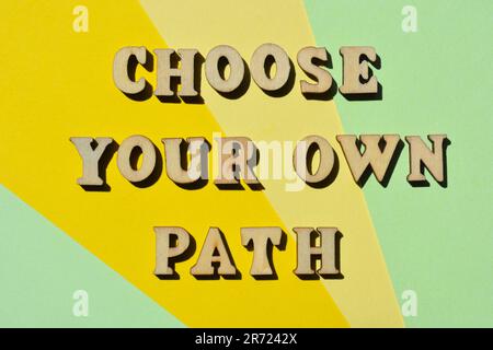 Choose Your Own Path, words in wooden alphabet letters isolated on yellow and green background Stock Photo