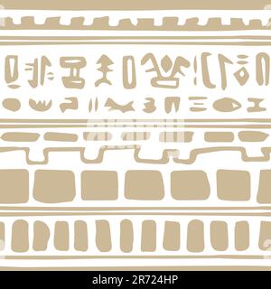 Boho beige white vector seamless pattern border with egyptian symbols like hieroglyphs Stock Vector
