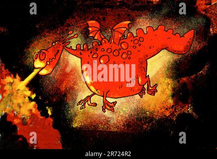 Art illustration, cute funny red dragon, flying and blowing fire, fire breathing dragon, with tiny wings, children's book illustration, cartoon magic Stock Photo