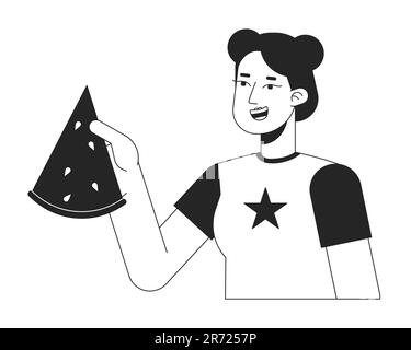Cheerful asian girl holding watermelon slice bw vector spot illustration Stock Vector