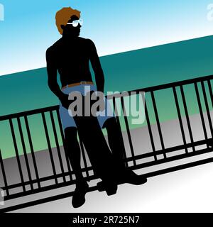 An image of a skaterboarder with sunglasses next to a bike rack. Stock Vector