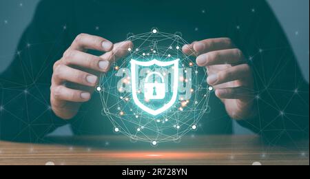 Cyber security network. Padlock icon and internet technology networking. Businessman protecting data personal information on  virtual interface. Data Stock Photo