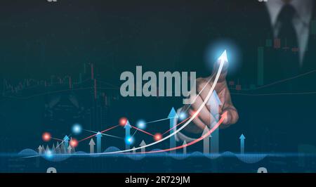Hand touching screen with virtual increasing technical graph for trader analysis business stock market chart concept. Stock Photo