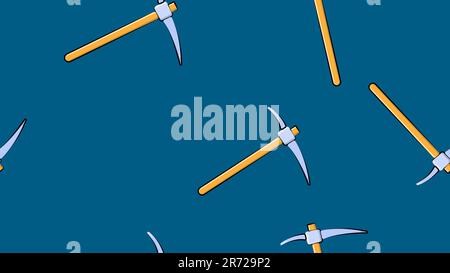 Texture, seamless abstract pattern from construction miner pickaxe with a wooden handle for repair, mining, excavation on a blue background. Vector il Stock Vector