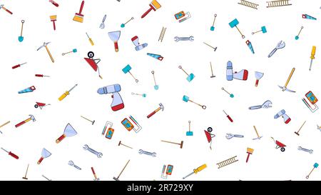 Texture, seamless pattern from a set of construction tools for repair: hammer, shovel, screwdriver, wrench, tester, brush, saw, trolley, trowel, ladde Stock Vector