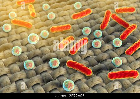 Bacteria on the fabric surface, dirthy cloths, computer illustration. Stock Photo