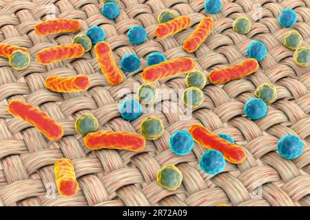Bacteria on the fabric surface, dirthy cloths, computer illustration. Stock Photo