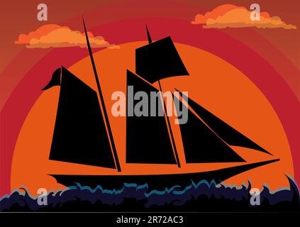 Vector illustration of a silhouette of a sailboat on the open sea Stock Vector