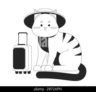 Cute cat traveler bw vector spot illustration Stock Vector