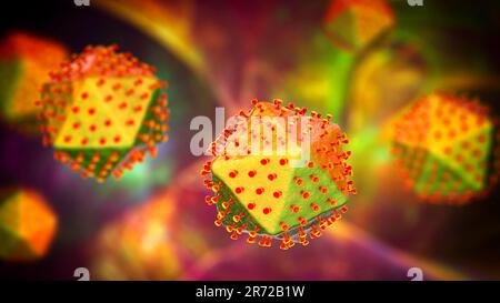 African swine fever virus, illustration. This virus is a member of the iridovirus group that causes African swine fever, a haemorrhagic fever in pigs Stock Photo