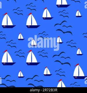 Seamless pattern of summertime. Sailboat and seagulls isolated on blue sea background. Stock Photo