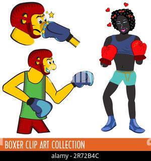 Three clip art illustrations of boxers. Two are male and one female boxer. Stock Vector