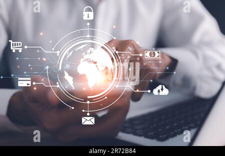 Hand touching on Global Internet connection. Business global internet connection application technology and digital marketing, Financial and banking, Stock Photo