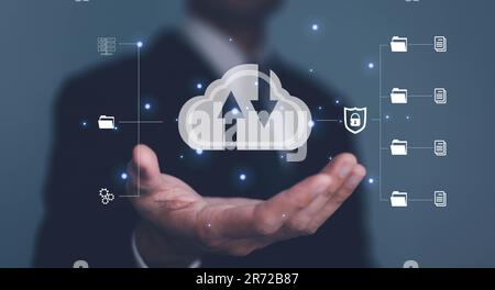 Hand holding virtual cloud computing with Global Internet connection. Business global internet connection application technology and access informatio Stock Photo