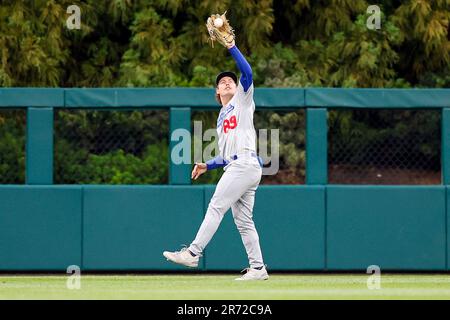 PHILADELPHIA, PA - JUNE 09: Jonny DeLuca #89 of the Los Angeles Dodgers  warms up prior to the game against the Philadelphia Phillies during the  game at Citizens Bank Park on June
