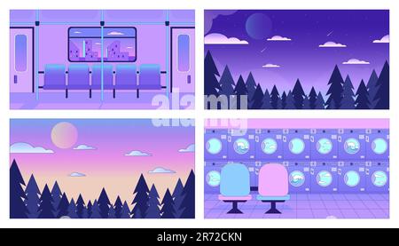 Neon purple interiors, landscapes lo fi chill wallpaper set Stock Vector