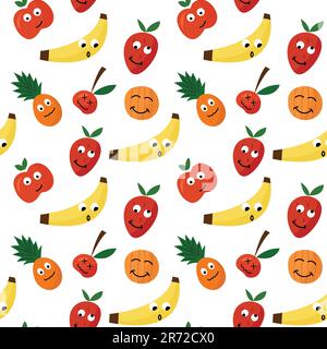 Crazy fruits faces colorful seamless pattern. Cartoon juicy funny illustration for print. Stock Vector