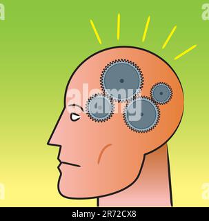 Gears turning inside a man's head as he thinks. Stock Vector