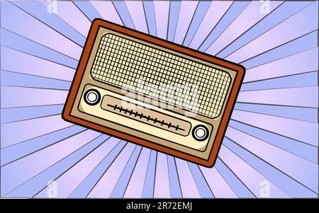 Retro old antique hipster radio receiver from the 70s, 80s, 90s, 2000s against a background of abstract blue rays. Vector illustration. Stock Vector