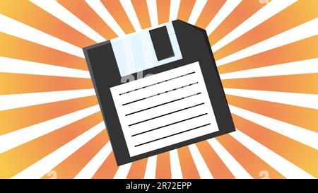Old retro vintage hipster floppy disk for computer to store information, pc from 70s, 80s, 90s against the background of the orange rays of the sun. V Stock Vector
