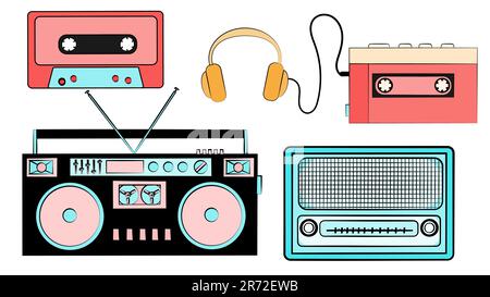 A set of old retro vintage hipster musical equipment, electronics from the 80's, 90's: cassette audio player, audio cassette, headphones, audio record Stock Vector
