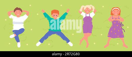 Cartoon school funny friends characters play on summer or spring day background. Friendship, childhood concept. Happy cute children lying on grass in park or garden, top view vector illustration Stock Vector
