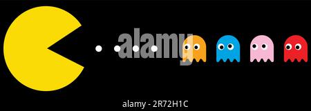 Pac-man characters set. Retro video game. Blinky, Pinky, Inky, Clyde. Editorial illustration isolated on black background Stock Vector