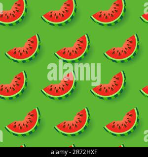Green 3D seamless pattern background with watermelon slices illustration for food, nature, summer vacation design. Stock Vector