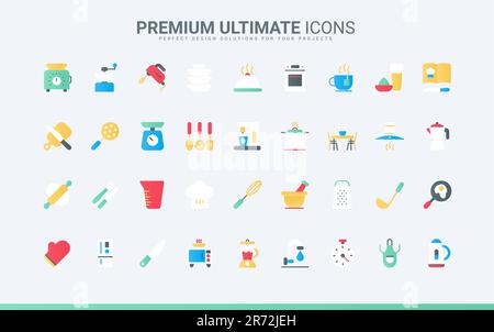Symbols of restaurant or home equipment and tools for cooking, coffee machine and hood, scales and microwave, chefs apron and recipe book. Kitchen trendy flat icons set vector illustration Stock Vector