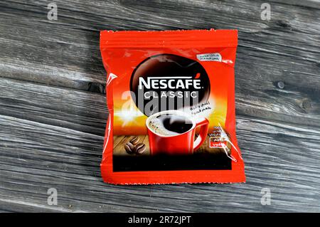 Cairo, Egypt, June 10 2023: Nescafe classic sachet, Nescafé is a brand of coffee made by Nestlé,  a world wide instant coffee usually taken in breakfa Stock Photo